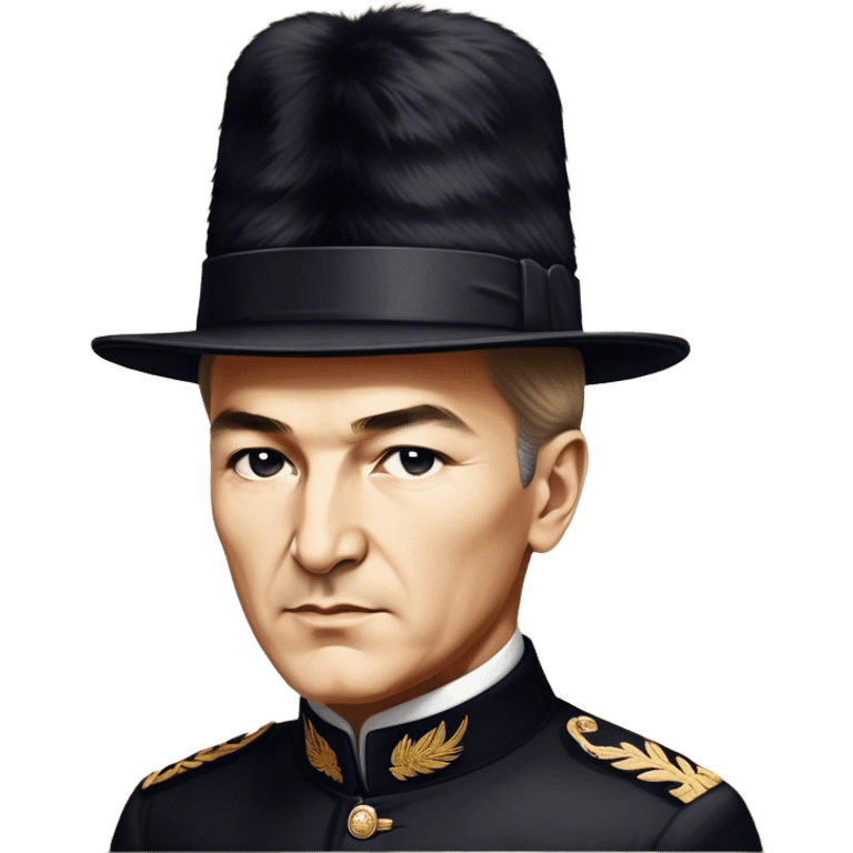 ​Cinematic Realistic Portrait of a Young Mustafa Kemal Atatürk, depicted wearing an iconic tall black fur hat along with traditional attire, his confident, visionary expression illuminated by warm, inspiring lighting, rendered with rich historical textures that capture his youthful dynamism and transformative leadership, emoji