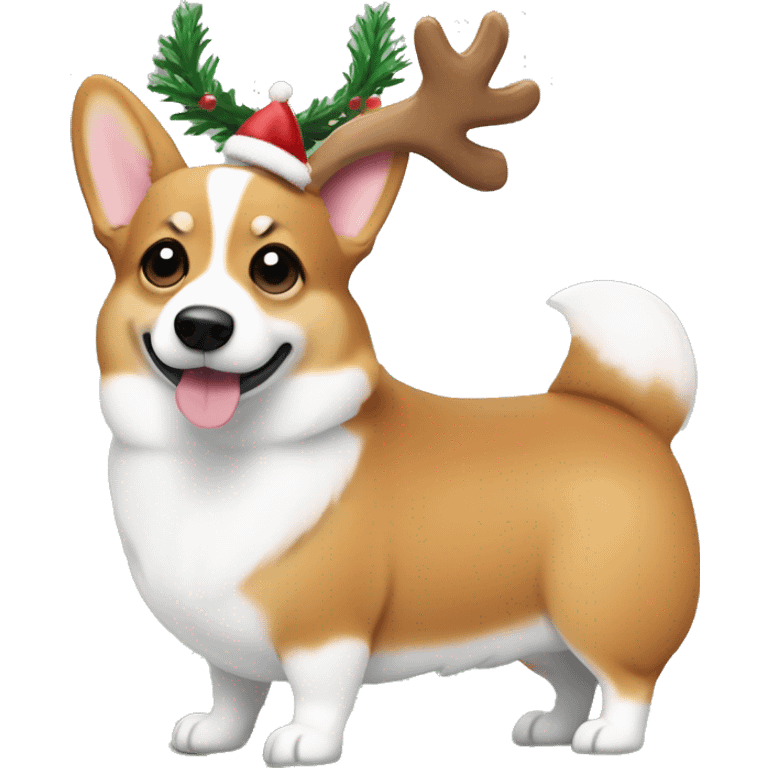 Corgi with reindeer antlers, standing proudly beside a tiny Christmas tree with ornaments emoji