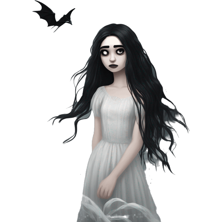 Dramatic girl  goth white pale with dark lighting  with black hair  in river with very very long lace dress  black long hair flying in the wind sad face  white eyes emoji