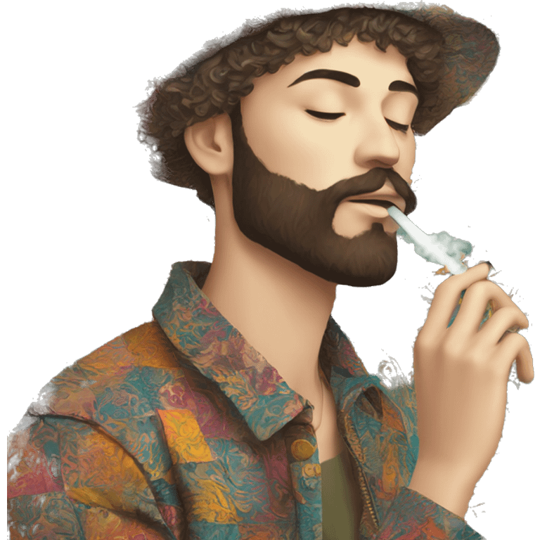 Person vaping wearing a colourful patchwork of intricate vintage patterns, vape emoji