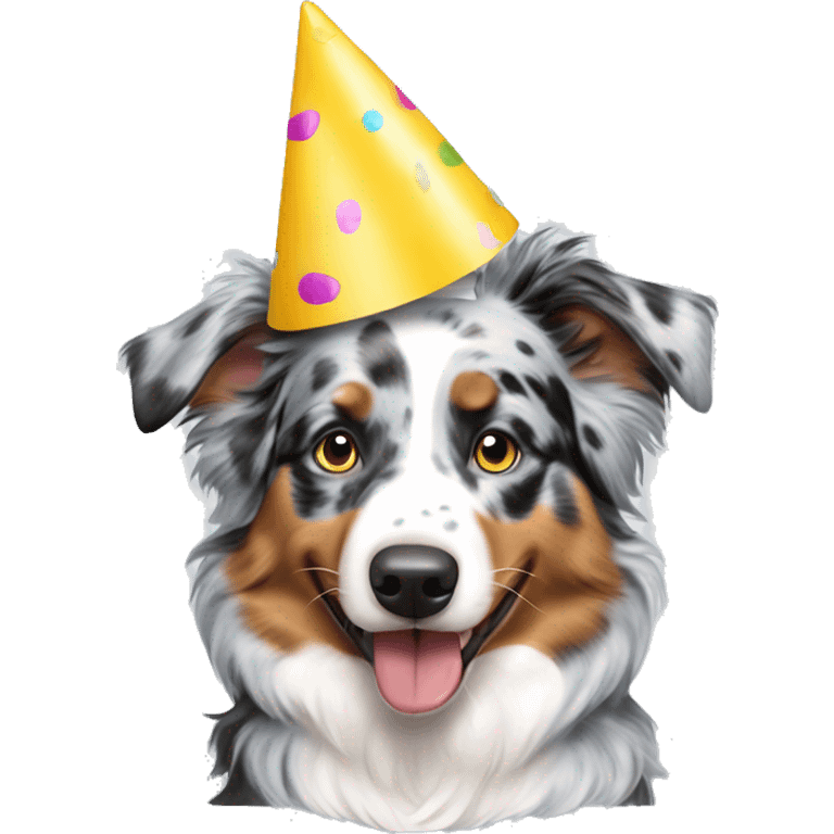 blue merle australian shepherd with a party hat emoji