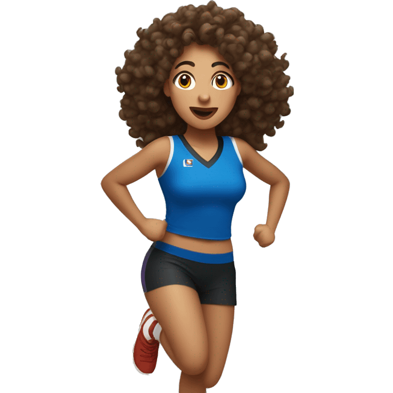 olive skin woman with big brown curls wearing a sports jersey dancing emoji