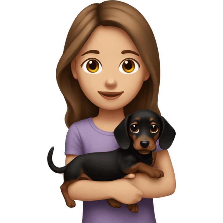 Brown hair girl holding black and tan dachshund puppy emoji