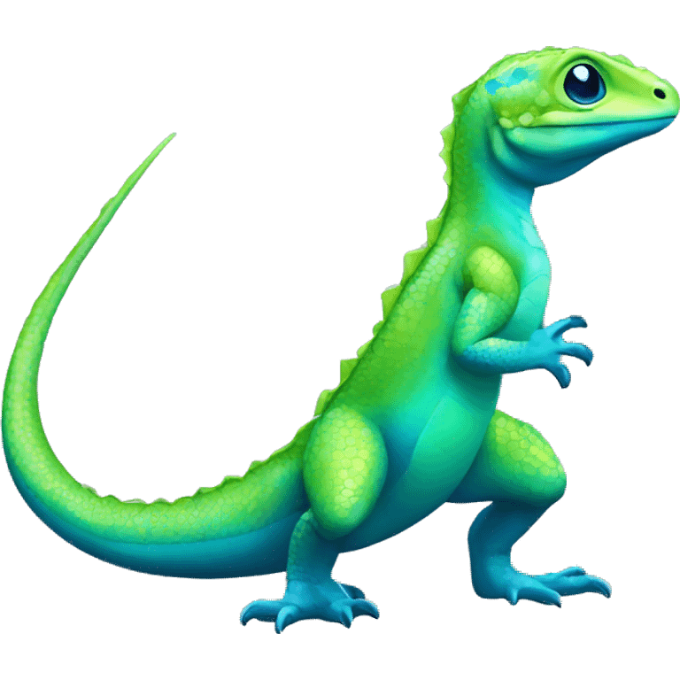 A Cyan Shiny Glossy Lizard-Reptile-Raptor-Fakémon with dark-blue patterns and light-green belly Full Body emoji