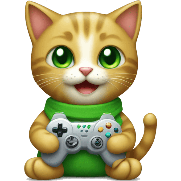 Happy green kitten holding a video game controller emoji