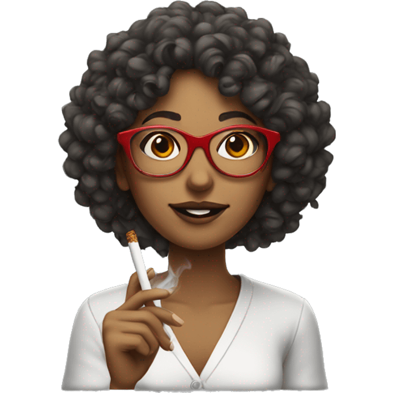 Girl with curly hair and red glasses smoking emoji