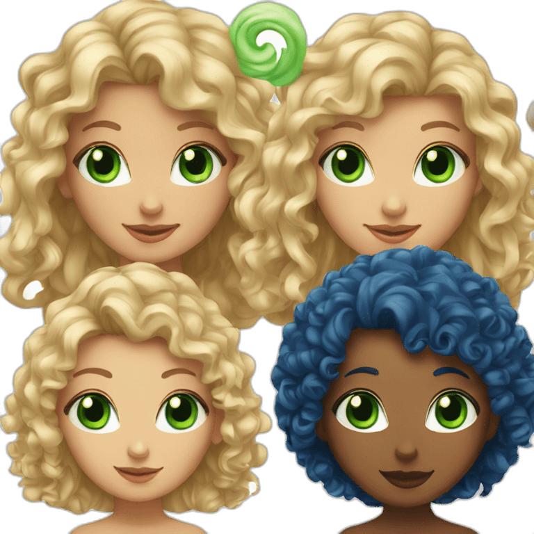 one girl with green eyes and straight hair and one girl with blue eyes and very curly hair emoji