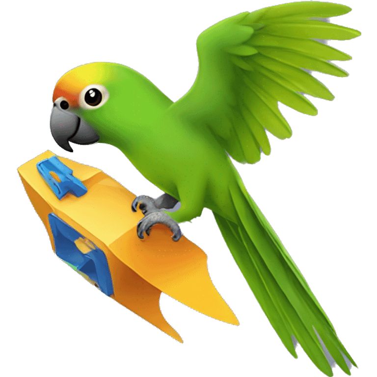 Green conure playing with toy emoji