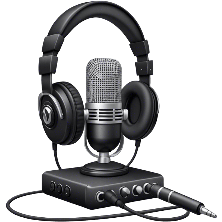 Create a sleek and professional emoji that represents voice acting and dubbing equipment. The design should feature a high-quality microphone, a sound mixer or audio interface, and headphones to symbolize the recording and technical process. Include elements like a soundproof booth or audio cables to reflect the studio environment. Use a modern, clean design with colors like silver, black, and dark blue to represent the professional side of voice acting. The background should be transparent. emoji