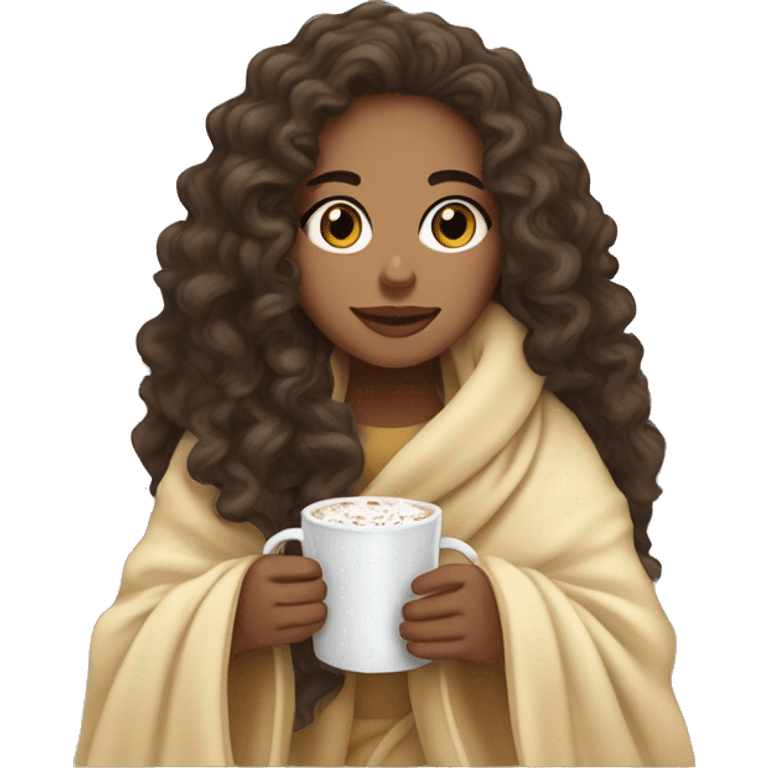 Light skin girl in blanket, drinking hot cocoa with curly hair long curly hair with her eyes closed in the blanket on top of her head emoji