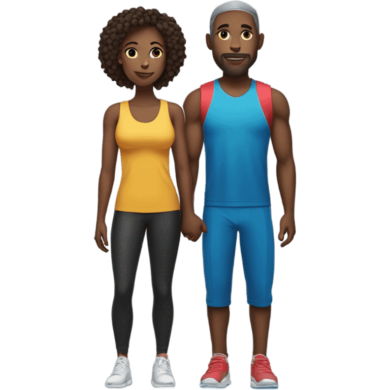 Emoji of a sporty couple, a man and a woman in athletic outfits, standing together in full body, holding hands, with Valentine's D emoji