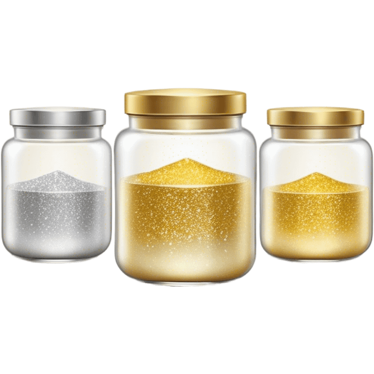 Cinematic Realistic Glitter Jars, elegant glass containers filled with ultra-fine shimmering gold and silver dust, light catching the tiny specks in a mesmerizing glow, slightly open lids revealing the rich, sparkling texture inside, set against a softly blurred background, radiating a sense of enchantment and wonder. emoji