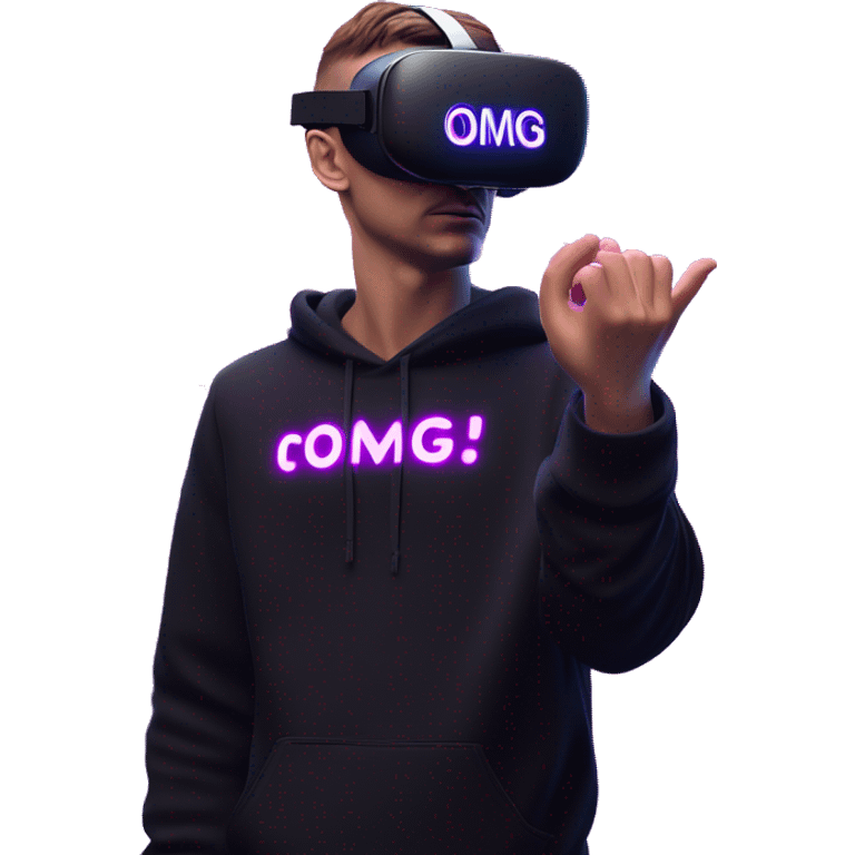 Russian man wearing a black hoodie with "OMG" letters on it and VR headset oculus quest 2 in a cyberpunk VR environment with violet neon lighting. Showing direction with hand emoji