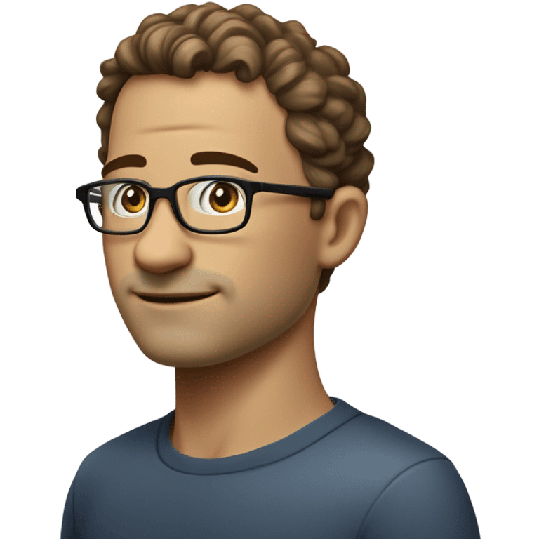 Man with short, slightly curly hair (very short on the sides with some curl on top). Blue eyes, good looking, but slightly large / strong nose and slightly large ears. Medium small, rectangular rimless glasses emoji