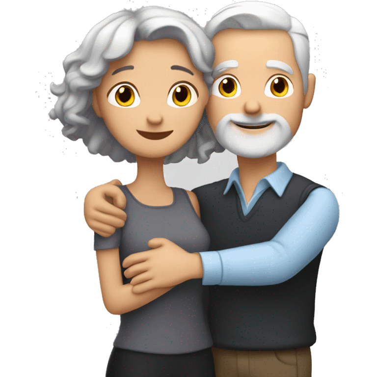 Couple hug. White man with grey hair and light tinted woma with black hair emoji