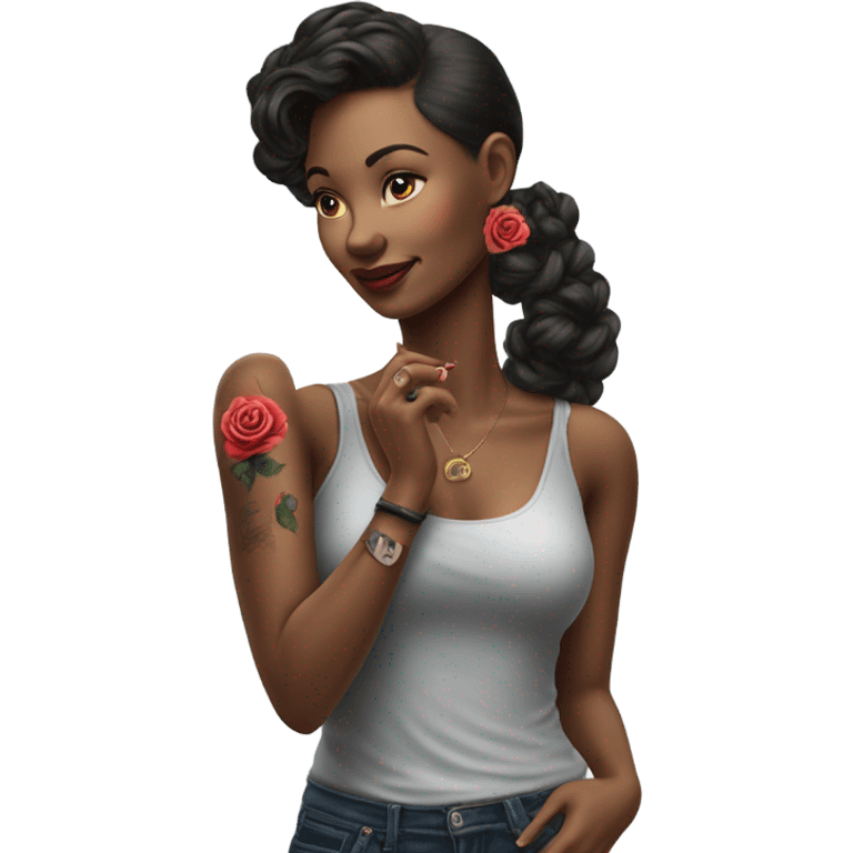 Hyper Realistic beautiful woman model with a small rose tattoo talking on a phone  emoji