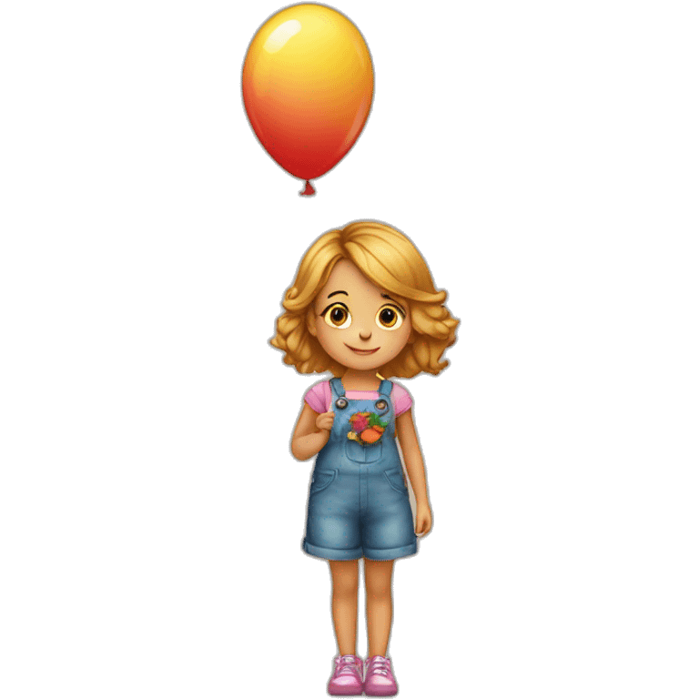 a beautiful little girl with a bouquet of flowers in her hands is standing near a big balloon emoji