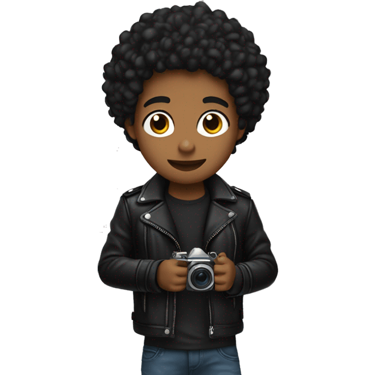 young brown skin man with black curly hair and black leather jacket holding camera emoji