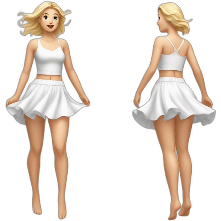 Hyperrealistic Full body Caucasian curvy beauty jumping white skirt back and front views strong wind emoji