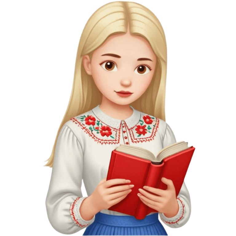 A Ukrainian girl in an embroidered shirt reads a red book emoji