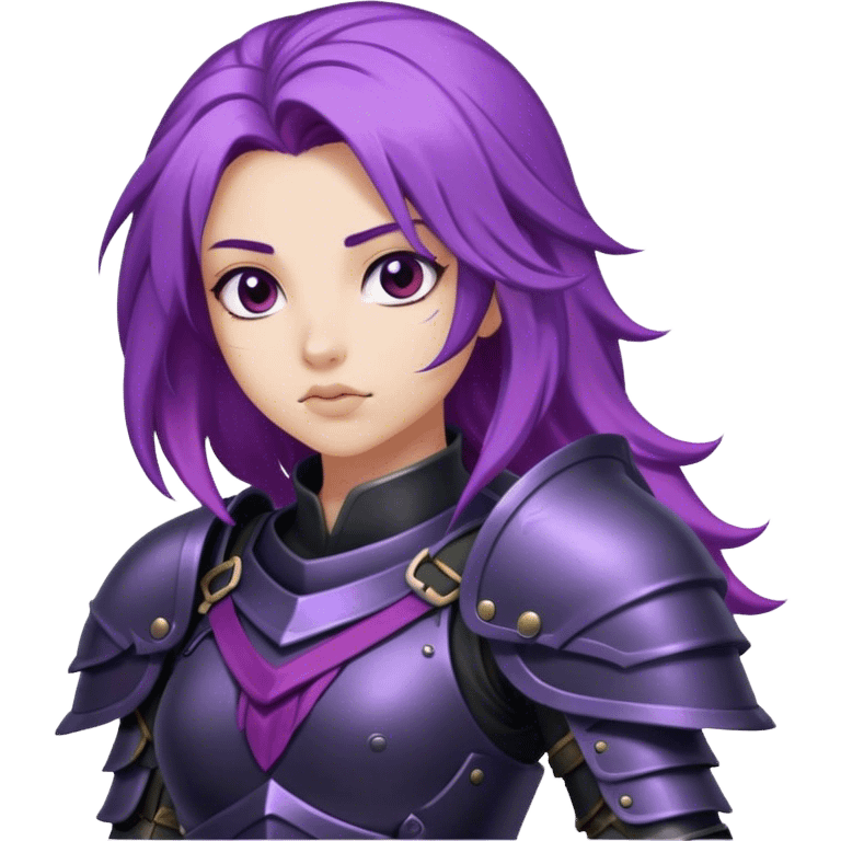 A mysterious warrior girl with flowing purple hair, dressed in black armor. emoji