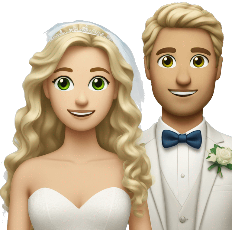 Bride with long wavy lose brown hair and green eyes and blonde groom with blue eyes  emoji