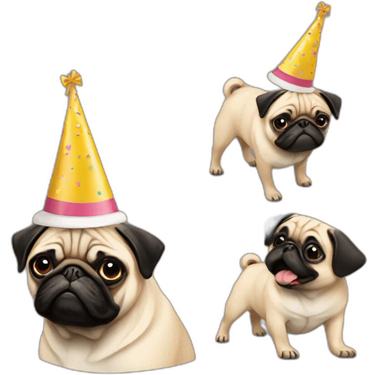 pug and black pug with birthday hat emoji