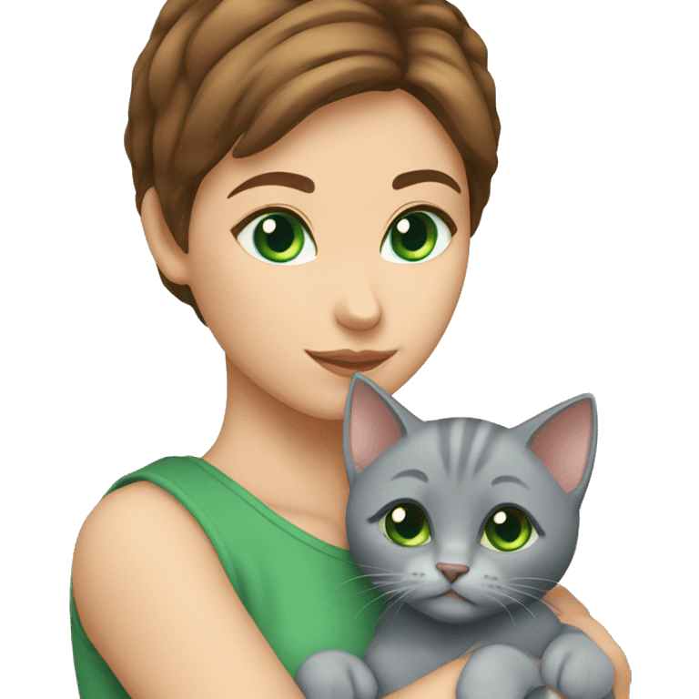 blue eyes grey kitten hugging brown short hair green eyes woman emoji