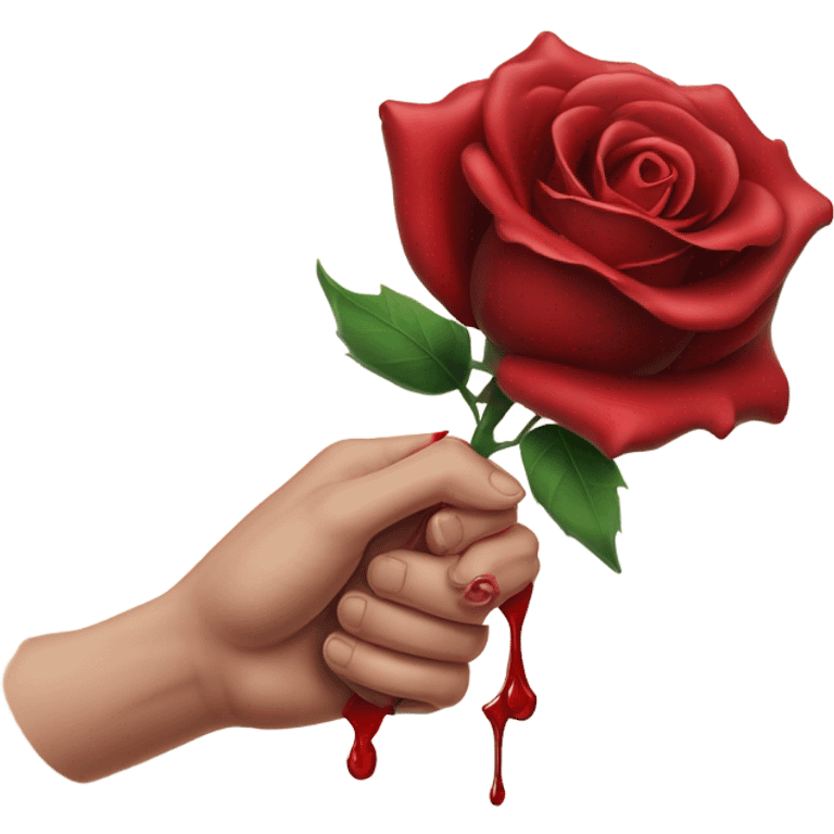 An image of a hand holding a rose, with a thorn piercing the skin, showing a small drop of blood, symbolizing the pain of beauty or love emoji