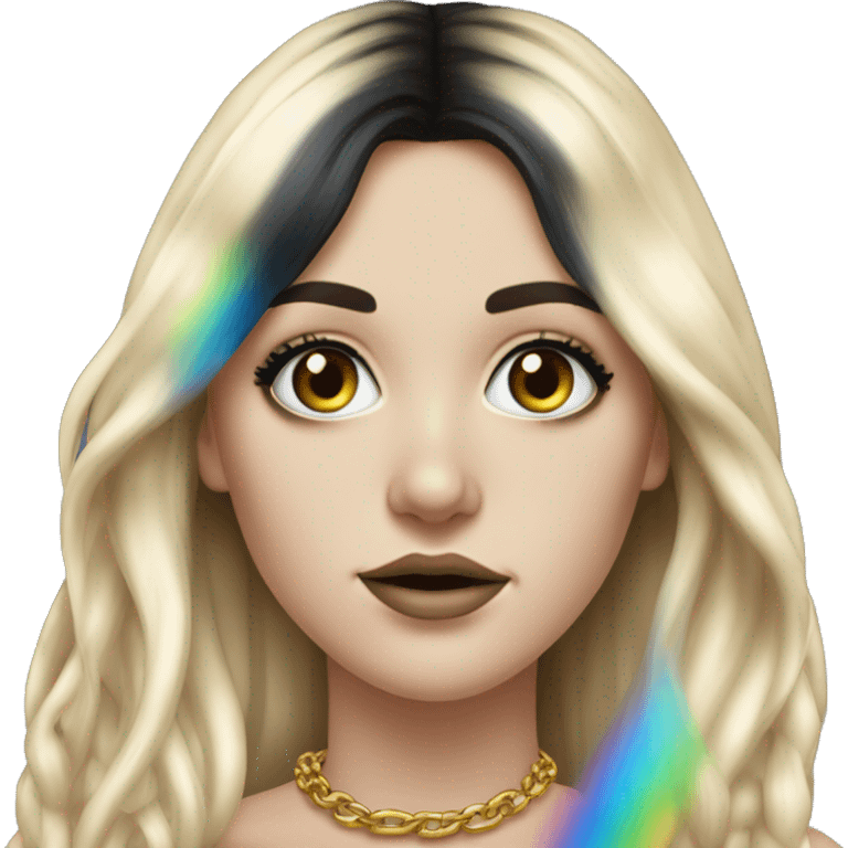 Hyperrealistic white girl with blue eyes and long black hair with rainbow fringe. Wearing gold chain necklace has dark eye makeup on her eyes emoji