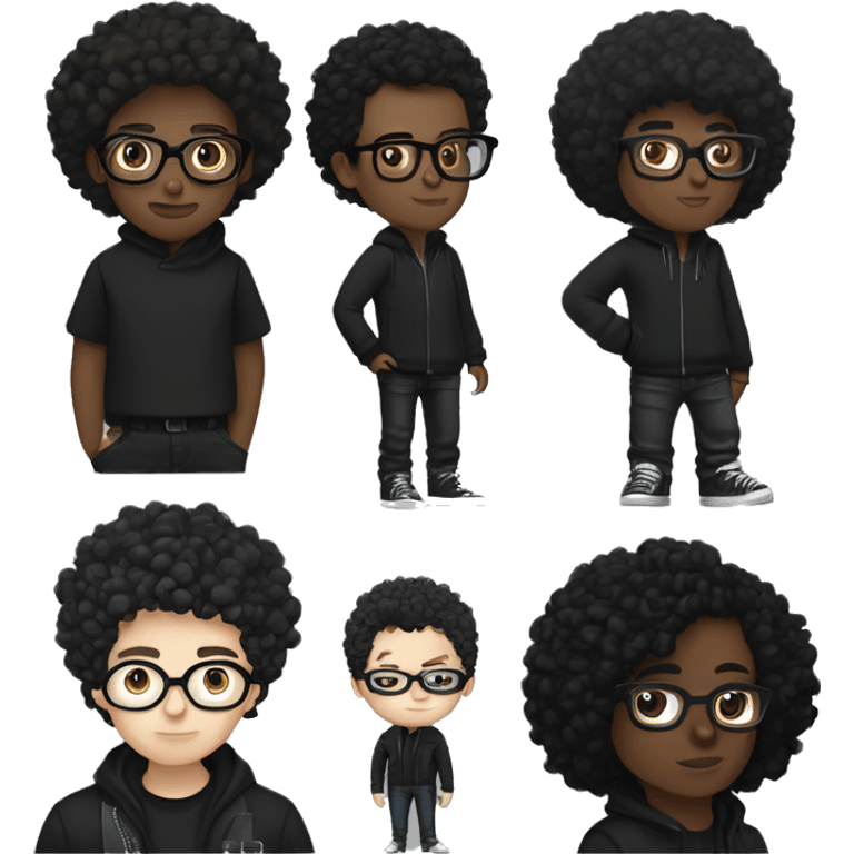 white boy with curly black hair and frameless glasses and black tshirt and black puffer west with black jeans and white sneakers emoji