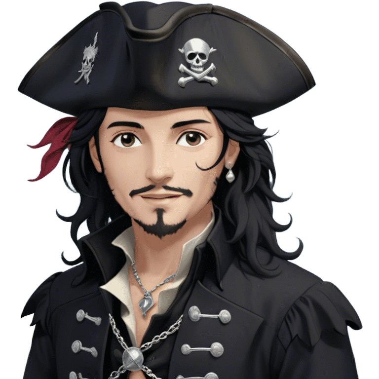 A charismatic pirate with wavy black hair tousled by the sea breeze. His black tricorn hat, embroidered with silver, casts a subtle shadow. Dark eyes glint with mischief as he looks to the side, a knowing smile on his lips. His fitted black coat, adorned with silver buttons, shifts slightly with the wind. A silver chain dangles from his belt emoji