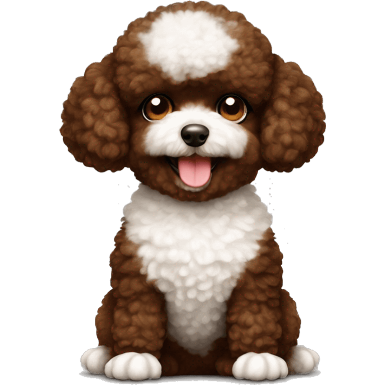 Fluffy chocolate brown and white toy poodle sitting like a meerkat  emoji