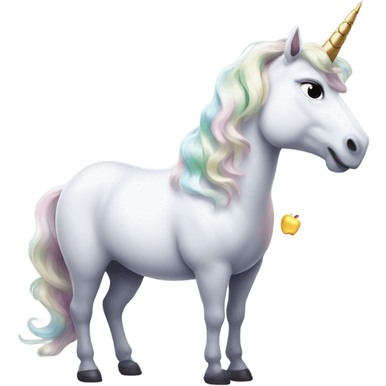 A unicorn with an apple at the end of it's horn emoji