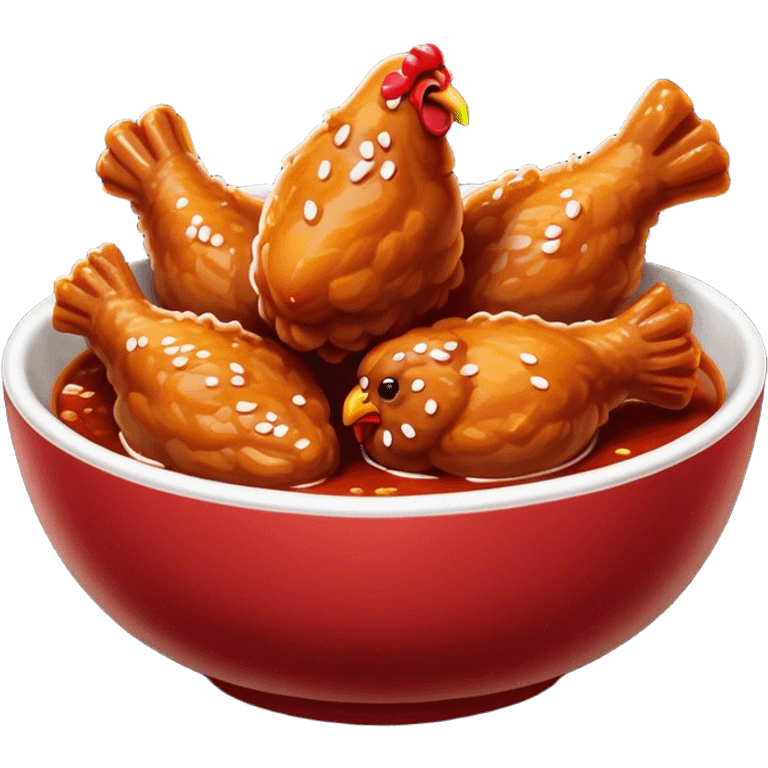 Korean Fried Chicken Cinematic Realistic Korean Fried Chicken Dish Emoji, depicted as bite-sized chicken pieces generously coated in a glossy, spicy sauce, in a bowl. emoji