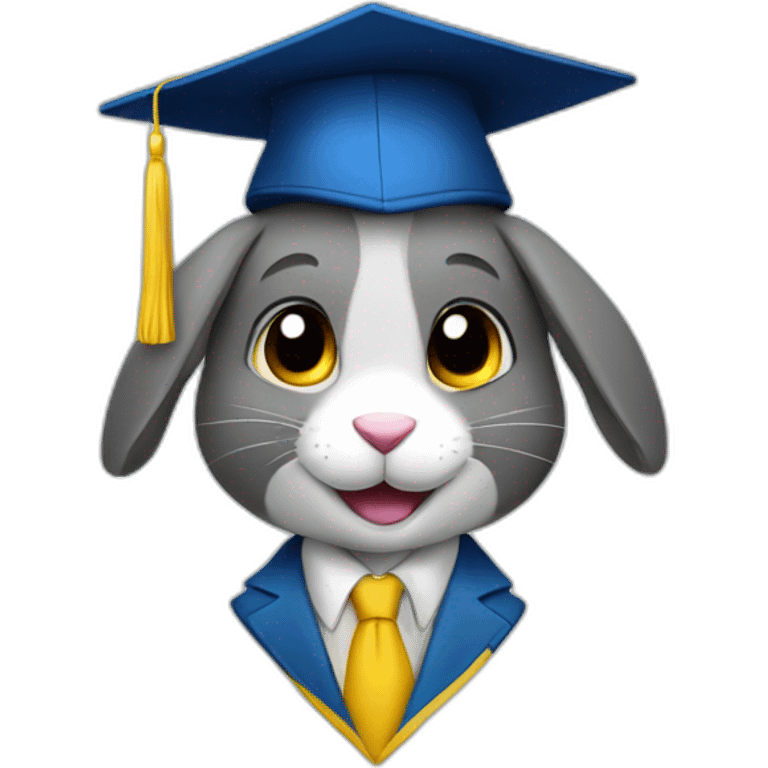 A rabbit student in a suit in the color of the Ukrainian flag in a square academic cap emoji