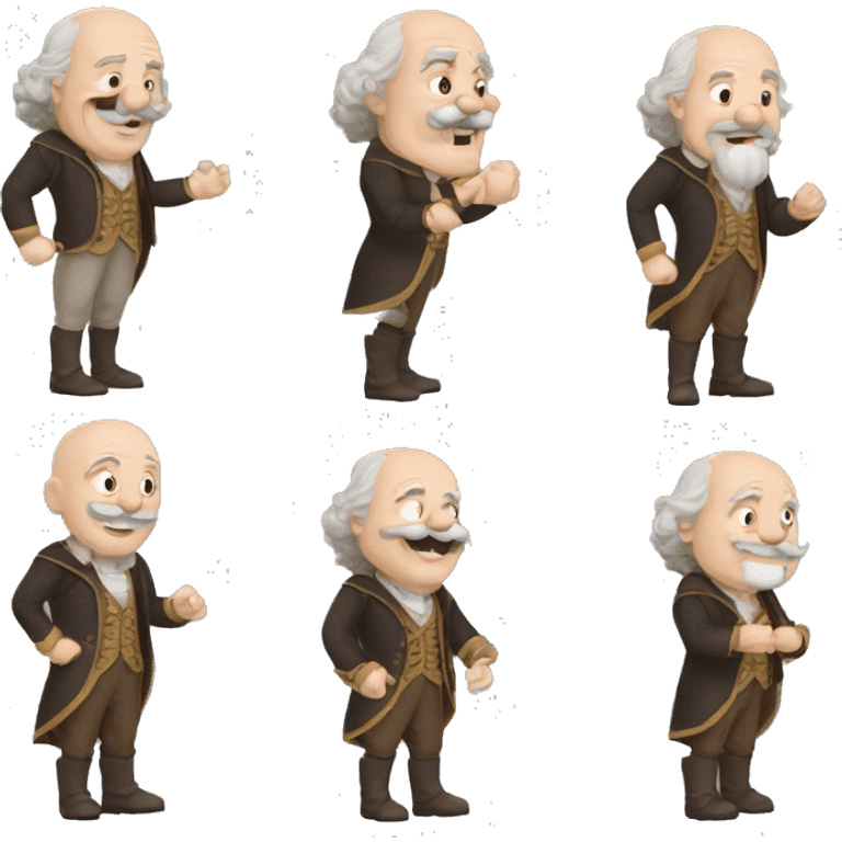 Short pudgy old man over enthusiastic happy excited face bald forehead long wavy gray and brown brunette long wavy hair moustache Shakespearean dress vintage clothes hamlet small arms emoji