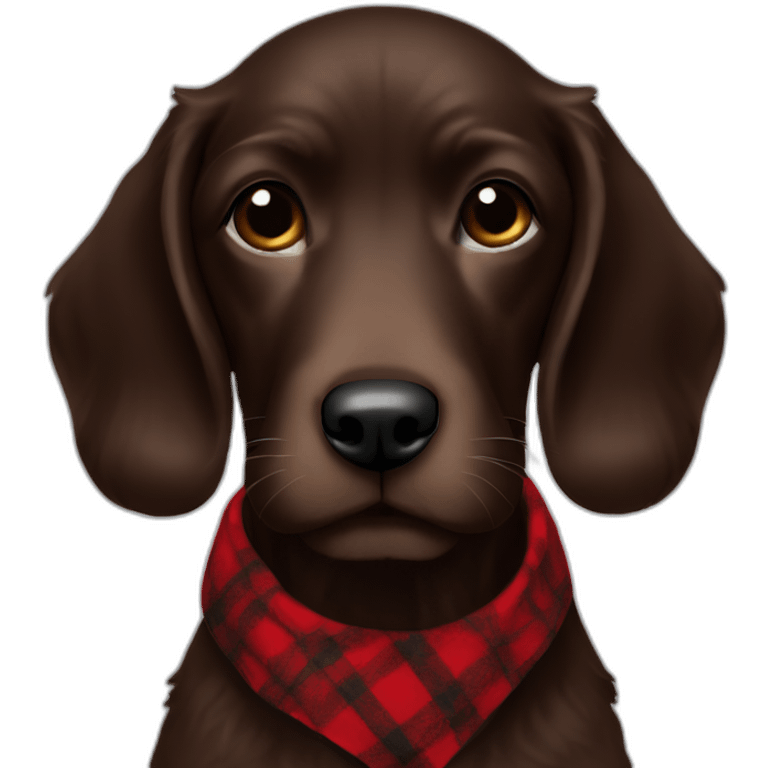 portrait Dark chocolate colored doodle wearing a red and black flannel handkerchief emoji