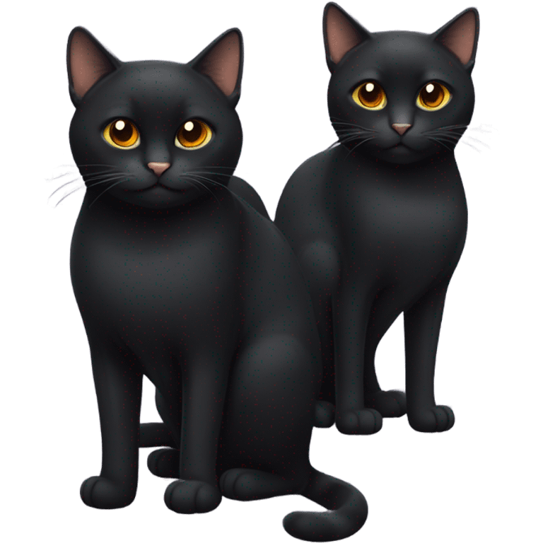 three black cats; one with chubby cheeks, one with a slimmer female cat, another male cat with a slim face; all black fur, and orange eyes emoji