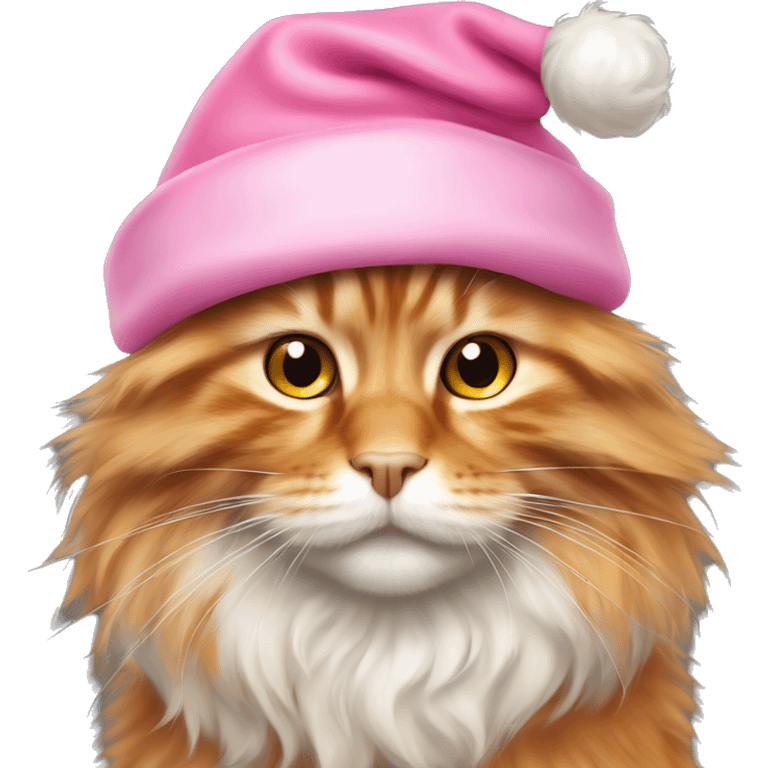 fluffy orange maincoon cat in pink santa hat  emoji