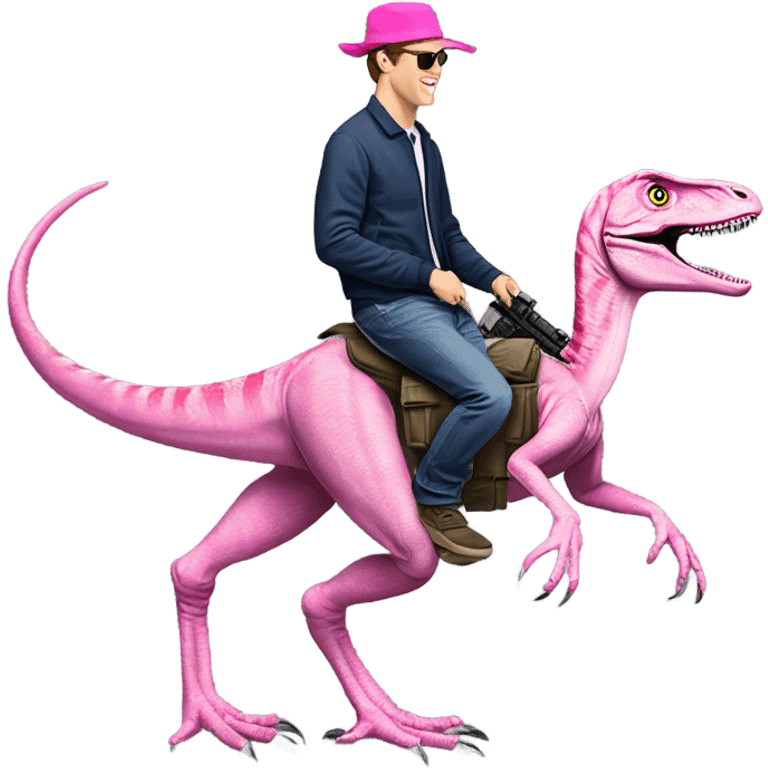 Mark zuckerburg riding a velociraptor with a machine gun with a pink hat that says “gay rights” emoji