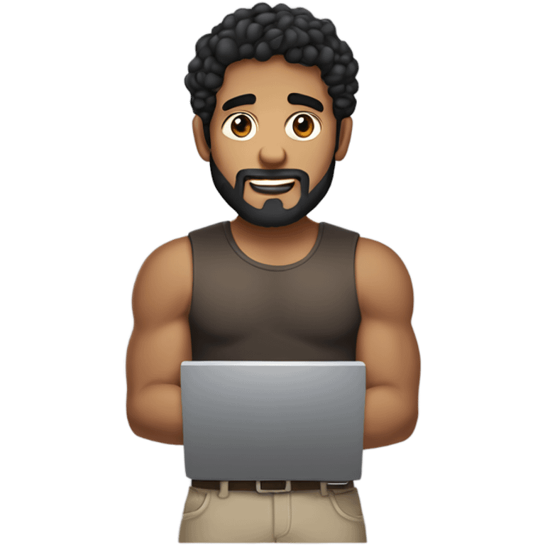 men holding his computer in hands. light brown skin men with curly black hair, dark brown eyes, little grown beard. little bit muscular. dressed casual. round face. emoji