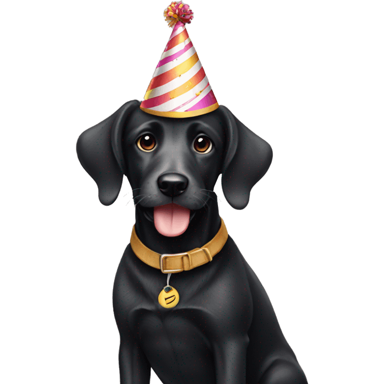 Solid Black doodle dog wearing a birthday hat emoji