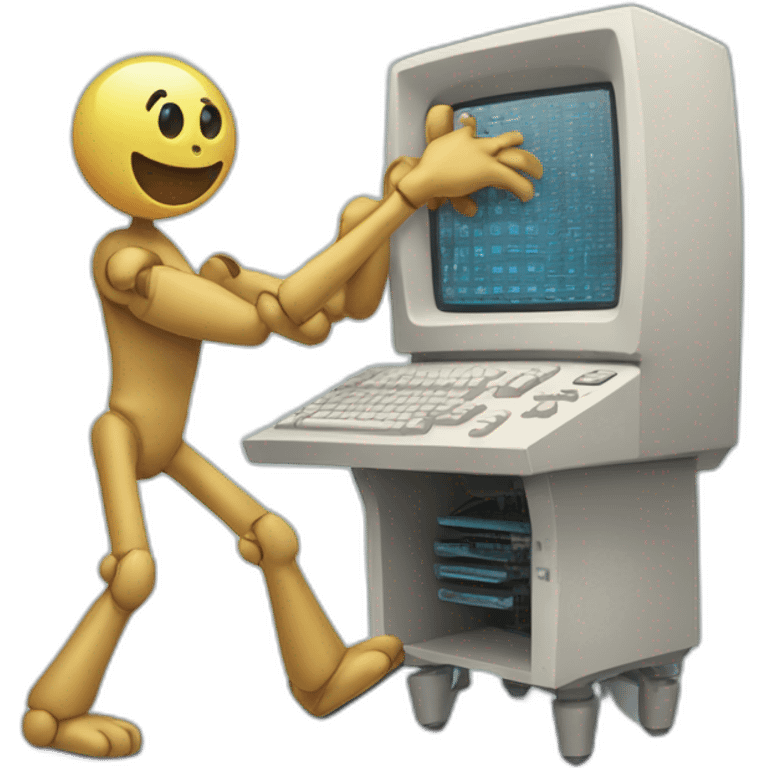 Anthropomorphic computer with arms and legs doing something random emoji