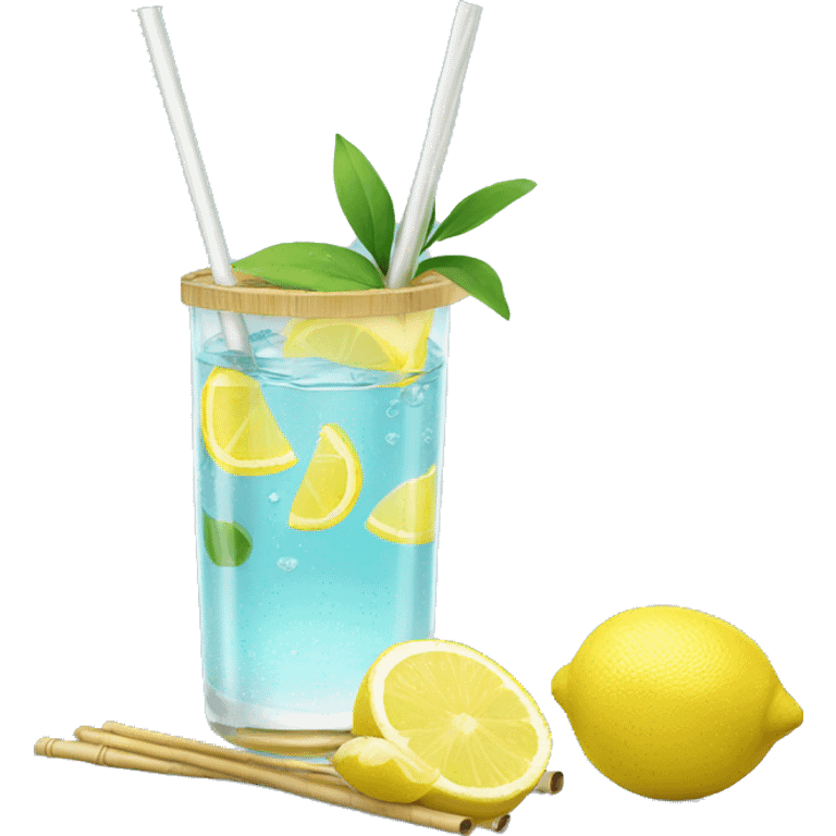 clear water with lemon in glass with bamboo lid and straw emoji