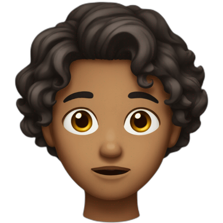 Wavy dark colored hair, dark skin, freckles, brown eyes, upset expression. emoji