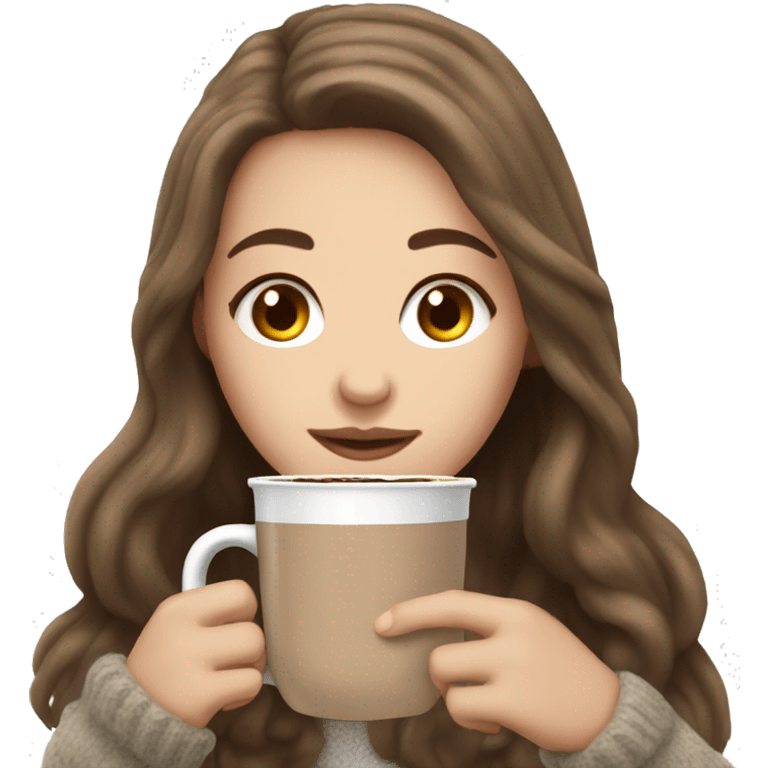 White girl with brown long hair and hot chocolate  emoji