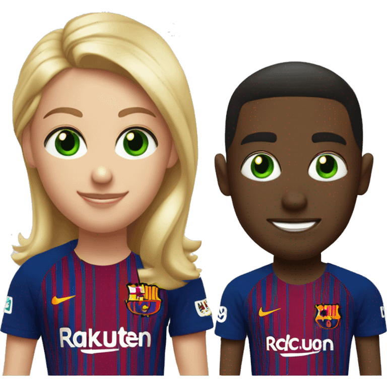 two blonde friends one has green eye in fc barcelona T-shirt with lamine yamal and hector fort emoji