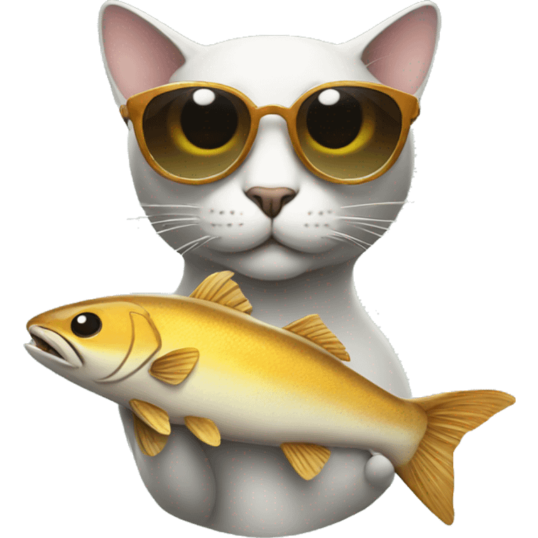 cat wearing sunglasses holding up a big fish emoji