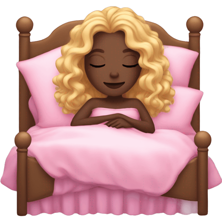 gorgeous dark skin woman with long blonde curly hair sleeping on pink princess bed emoji